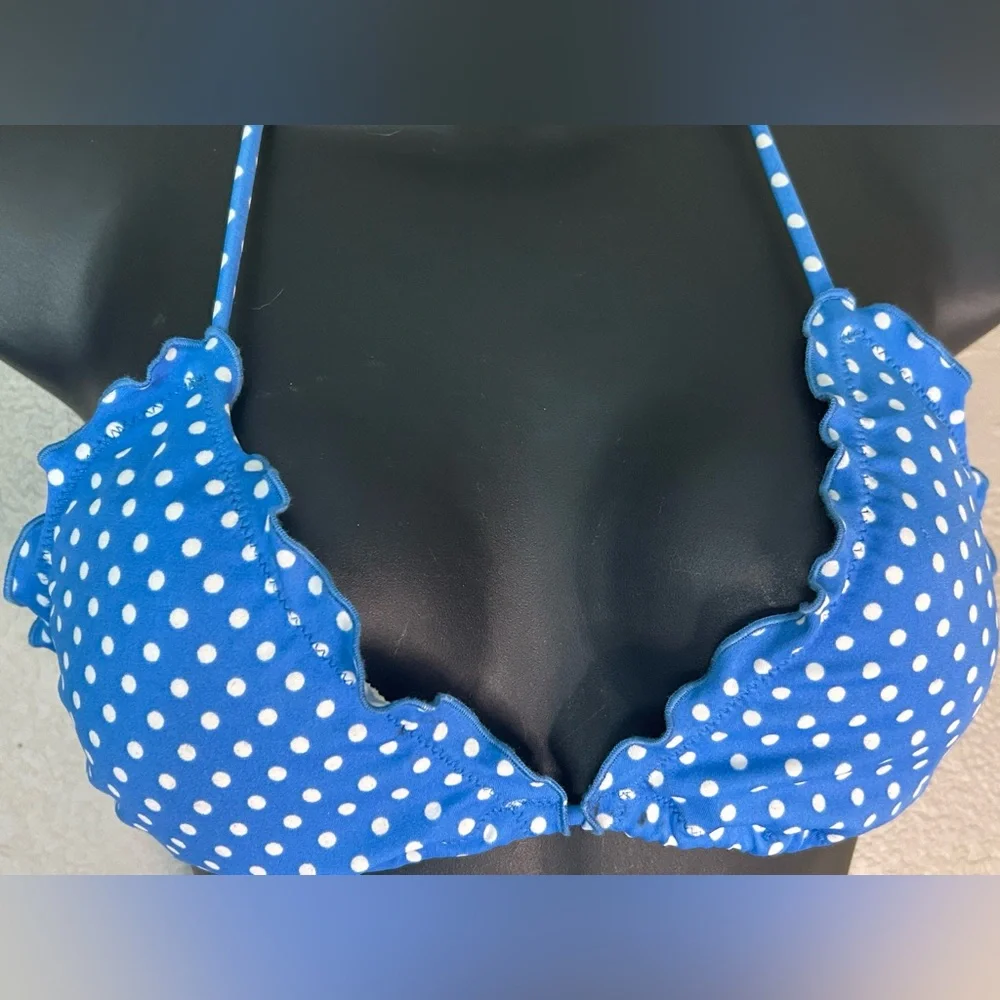 Victoria's Secret Blue and White Polka Dot String Bikini Triangle Top Size M